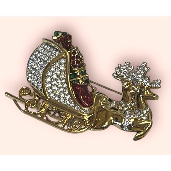 NEW W/TAG Signed Swarovski Santa's Christmas Reindeer Sleigh Pin/Brooch--RETIRED - Picture 2 of 9
